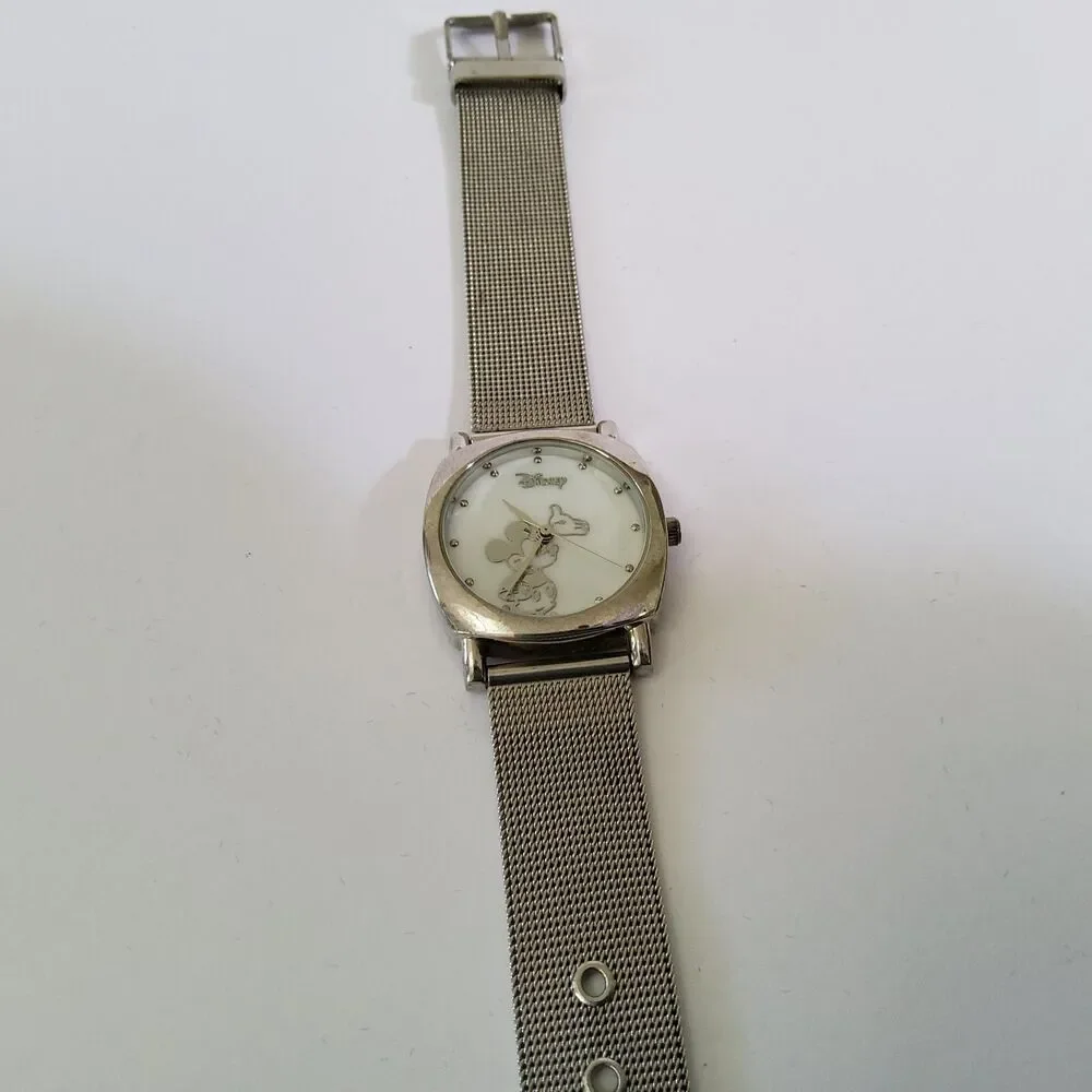 Disney By Accutime MK2010 Silver Tone Mother of Pearl Dial Quartz Watch New Batt